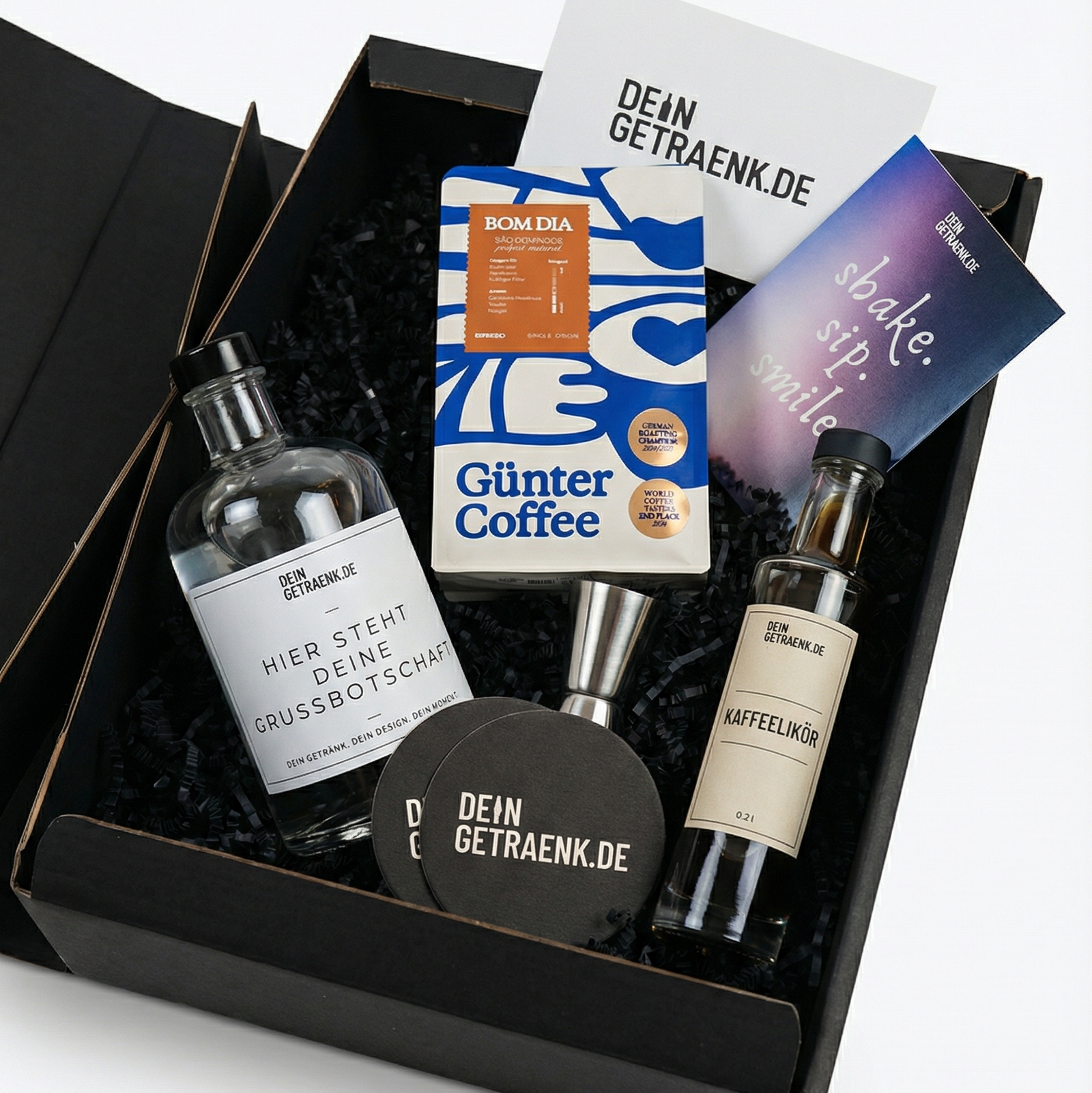 Espresso Patronum Espresso-Martini-Set – personalisierte Geschenkbox mit Vodka, Kaffeelikör und Zubehör von DeinGetraenk.de